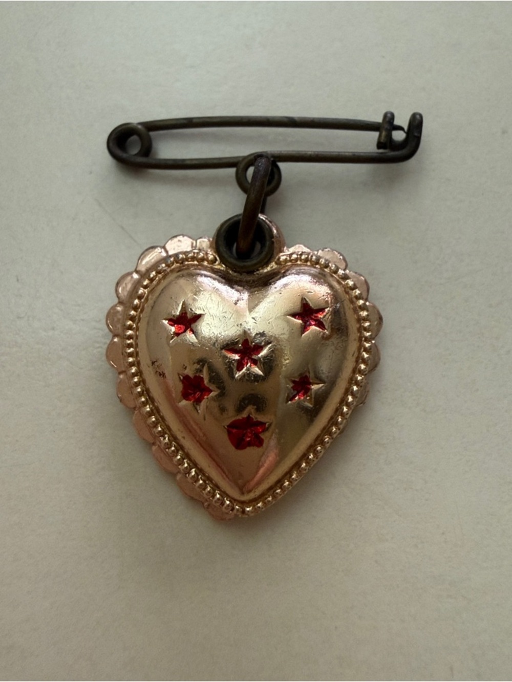 Vintage Our Lady of Fatima Double Heart Pin Brooch Gold Tone Made in Italy